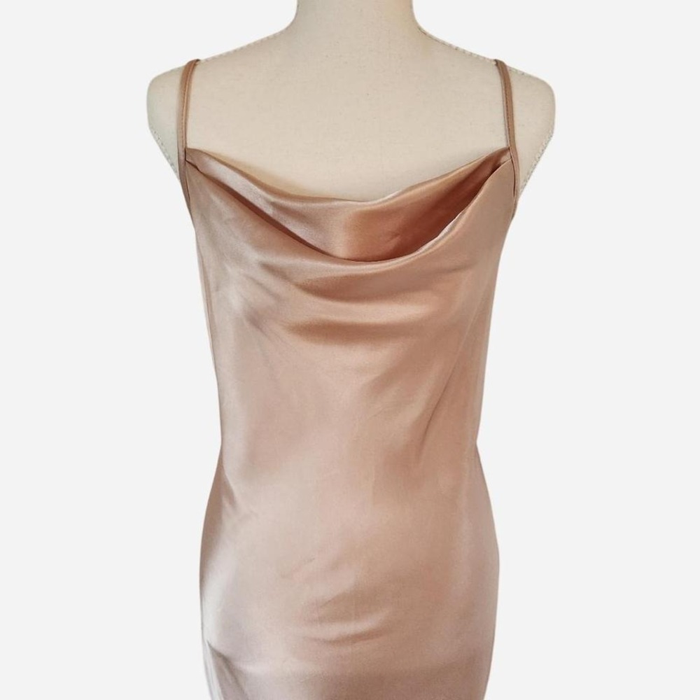 Bebe Cowl Neck Satin Slip Midi Dress Tan Champagne Size S